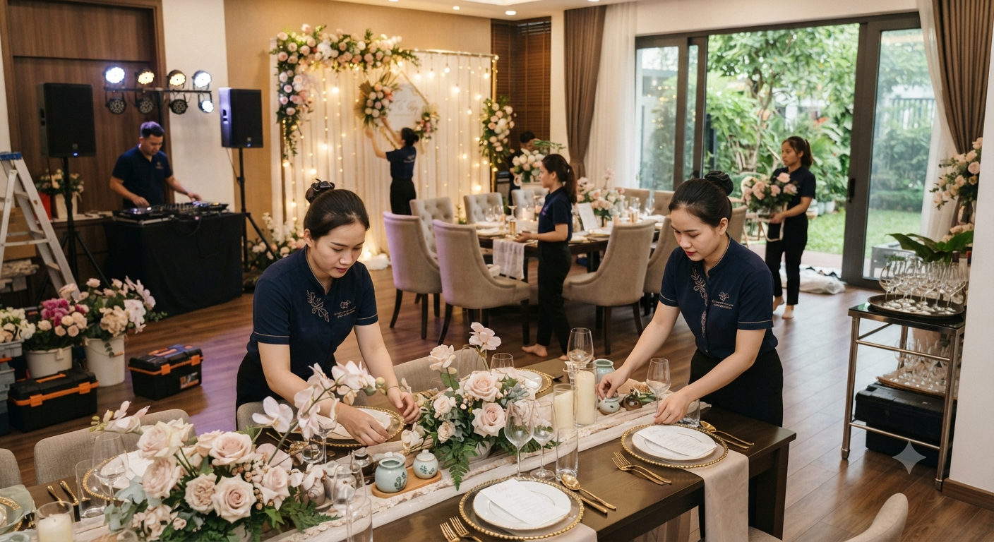 Bối cảnh thực tế khi chuẩn bị không gian tiệc tân gia